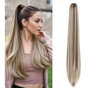 Cybelleza Coleta Postiza Pelo Natural con Pinza Cola Postiza Largo Liso 55cm Ponytail Extensiones Coleta Extensión de Cola de Caballo Sintético para Mujeres, Rubio ceniza & rubia