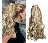 Cybelleza Coleta Postiza Pelo Natural con Pinza Ponytail Cola Postiza Largo Rizado 45cm Extensiones Coleta Ondulado Extensión de Cola de Caballo Sintético para Mujeres, Marrón dorado & rubia