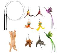 CYBERNOVA Juguetes Interactivos de Plumas para Gatos Adultos y Gatitos, 8pcs Recambios de Bolas de Pájaros con Plumas y Campana y 2pcs Varitas Elásticas de Mano para Gatitos (A)