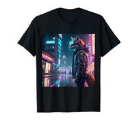 Cyberpunk Fox Stands Watch en la ciudad de Tokio Camiseta