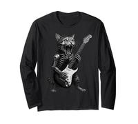 Cyborg Skeleton Cat Tocando Guitarra Rock and Roll Manga Larga