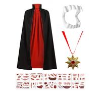 cyctravel Disfraz Vampiro Niño 4 Piezas, Disfraz de Vampiro Niño Reversible con Cuello Alto, Dentadura Postiza, Collar Y Tatuajes Adhesivos Incluidos, Capa Vampiro para Halloween Y Disfraces de Fiesta