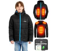 CYCYHEAT Chaqueta calefactable para niños con batería externa de 10.000 mAh, 7,4 V, chaqueta térmica con capucha, chaqueta de invierno, ropa calefactada (FR/ES, Números, 120, Negro + Azul)