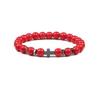 CYDXD Pulsera de Cruz de Piedra Natural,8mm,con Cuentas de Piedras Preciosas Naturales, Religioso,Brazalete de Jesús,Hecho a Mano, de Buena Suerte para Mujeres y Hombres,Color Rojo,8mm