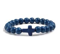 CYDXD Pulsera de Piedra Natural para Hombres y Mujeres,8mm,Piedra Preciosa Natural con Dije de Cruz,Cuentas Elásticas,Brazaletes de Amistad, para Jesús,Cristianismo,Azul Oscuro,8mm