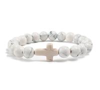 CYDXD Pulsera de Piedra Natural para Hombres y Mujeres,8mm,Piedra Preciosa Natural con Dije de Cruz,Cuentas Elásticas,Brazaletes de Amistad, para Jesús,Cristianismo,Blanco,8mm