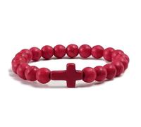 CYDXD Pulsera de Piedra Natural para Hombres y Mujeres,8mm,Piedra Preciosa Natural con Dije de Cruz,Cuentas Elásticas,Brazaletes de Amistad, para Jesús,Cristianismo,Rojo,8mm