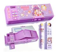 CYGMRFH Bonito juego de papelería con temática de Capybara, estuche de doble cara con cerradura y 4 bolígrafos borrables de tinta azul a juego, caja de lápices duradera de dibujos animados para niños