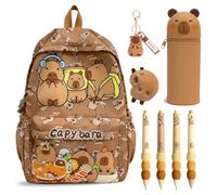 CYGMRFH Capybara Backpack Kids, Mochila Capybara Escolar Schoolbag Gran Capacidad Capibara Boligrafos Borrable de Animales,Capibara Estuche De Silicona Suave & Llaveros Portalápices Regalo para Niños