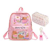CYGMRFH Capybara Backpack Kids, Mochila Escolar Schoolbag Gran Capacidad Rosa, Estuche de 9 Capas Estampado Rosa, Llaveros PVC Portalápices, Regalo Ideal para Niños y Estudiantes