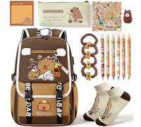 CYGMRFH Capybara - Juego de papelería de mochila, bonito juego de varias piezas de Capybara marrón, mochila para niños y adolescentes con bolígrafos, llavero, estuche de silicona para lápices, bolsa
