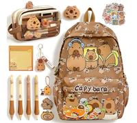 CYGMRFH Capybara - Juego de papelería de mochila, bonito juego de varias piezas de Capybara marrón, mochila para niños y adolescentes con bolígrafos, llavero, estuche de silicona para lápices, bolsa