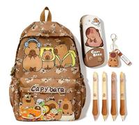 CYGMRFH Capybara - Juego de papelería de mochila, bonito juego de varias piezas de Capybara marrón, mochila para niños y adolescentes con bolígrafos, llavero, estuche de silicona para lápices, bolsa