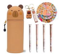 CYGMRFH Estuche Capibara, 4 Bolígrafo de Núcleo Negro, Estuche Escolar Kawaii 2 en 1, Silicona Suave, Pegatinas Llavero de Capybara Animales, Portabolígrafos Regalo para Niños y Adultos(C2)
