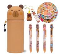 CYGMRFH Estuche Capibara, 4 Bolígrafo de Presión de Colores, Estuche Escolar Kawaii 2 en 1, Silicona Suave, Llavero Pegatinas de Capybara Animales, Portabolígrafos Regalo para Niños y Adultos(C3)