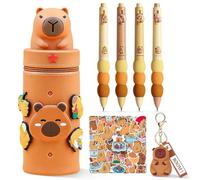 CYGMRFH Estuche Capibara, 4 Boligrafos Coloridos, Estuche Escolar Kawaii 2 en 1, Silicona Suave, Llavero Capybara Animales Portabolígrafos Pegatinas, Portabolígrafos Regalo para Niños y Adultos (C6)
