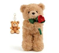 CYGMRFH Peluche de oso marrón de 30 cm con flor de rosa y llavero para novia, día de San Valentín, aniversario romántico, regalo de San Valentín para ella, decoración de oficina en casa