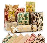 CYH Papel de Regalo Cumpleaños, 12 Hoja de Papel de Regalo Kraft, 70 x 50 cm Papel Regalo Reciclable Doblado con Cuerdas de Yute, Pegatinas y Lazos, para Ocasiones de Cumpleaños