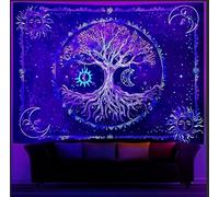 Cyiecw Alfombra de pared estética con luz negra, reactiva a la radiación UV, luna y árbol de la vida, fluorescente, floral, bosque, chal para pared, decoración para salón (200 x 150 cm)