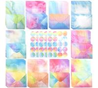 Cyiecw Juego de 160 Piezas de Papel de Carta con Sobre (10 colores), 50 A5 Forrados y 50 sobres, Acuarela Noble Niños Niñas Papel de Carta con 60 Pegatinas