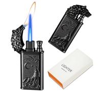 CYJBAO Relief Wolf - Encendedor de doble llama, resistente al viento, llama de chorro ajustable y llama suave, encendedor de butano recargable para velas, barbacoas, cocina, campamento (sin butano