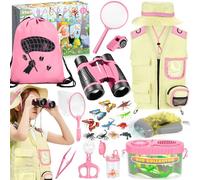 CYJJYZ 23 Pcs Kit de Exploración para Niños, Kit Explorador Niños, Juego de Explorador para Niños con Chaleco Explorador Niño, Sombrero, Prismáticos, Aire Libre Aventura Juguetes Niños Regalo (Rosa)