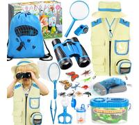 CYJJYZ 23 Pcs Kit de Exploración para Niños, Kit Explorador Niños, Juego de Explorador para Niños con Chaleco Explorador Niño, Prismáticos, Sombrero, Aire Libre Aventura Juguetes Niños Regalo(Azul)