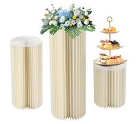 Cylinder Stands for Party, 3 PCS Cilindro Pedestal Stand White Cardboard Stands Cilindro de pastel reutilable Plegado con tapa acrílica para exhibiciones de Navidad 11/15/19, soporte de pastel de b