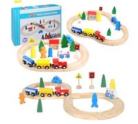 Cylora Juego de Tren de Madera para Niños, 33 Pcs Trenes de Juguetes para Niños con Pistas de Madera, Tema Urbano, para Thomas, Brio, Intercambiable y Expandible, Regalos para 3 4 5 6 7 8 años