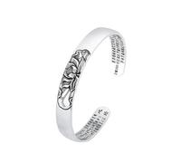 CYLRWSR Pulsera de plata vintage con diseño de corazón de loto para mujer, pulsera abierta ajustable con diseño de loto grabado y escritura budista