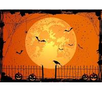 CYLYH Fondo naranja de Halloween de 10 x 8 pies, telón de fondo de víspera de Halloween, linterna de fiesta de Halloween, luna, murciélago, telaraña, cementerio, valla, fondo de fotografía, decoración