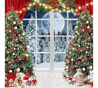 CYLYH Telón de fondo de Navidad de 8 x 8 pies, telón de fondo de ventana de Navidad para fotografía, invierno, árbol de Navidad, regalo de nieve, Año Nuevo, fiesta de Navidad, fondo de fiesta familiar