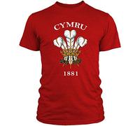 Cymru - Camiseta de rugby retro galés con diseño de escudo de rugby de tres plumas, color rojo, rosso, XL
