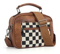 Cymwer Crossbody Bag for Women Checkered Handbag PU Leather with Multi-Pocket Top Handle Bag Zipper Closure Satchel Purse for Work Travel (Dark Brown)