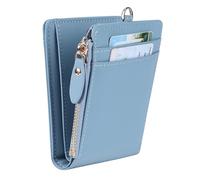 Cynure Cartera plegable de piel con cierre de cremallera para mujer, con cordón de bloqueo RFID, tarjetero de crédito, tamaño pequeño, Azul claro, Compacto, Vintage