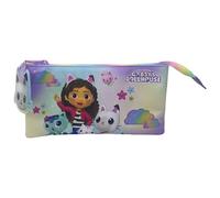 CYPBRANDS Gabby, Estuche Triple, Portatodo, 5 compartimentos, Preescolar, Estuche, Gabby, Pandy Patitas, Color morado, Producto Oficial