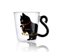 Cyrank Taza de gato transparente, expreso de vidrio aislante de doble pared Vaso 300ML, Leche Mug asa de cola de gato, Taza Divertida del Gato Regalo Novedoso para café, leche, Té (Negro)
