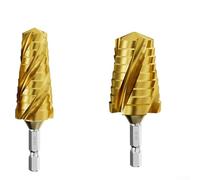 CYRENT Juego de brocas escalonadas de acero de alta velocidad de cuatro flautas 2 unids 14-24 mm 24-32 mm para corte de agujeros de plástico y madera (dorado)