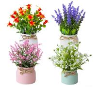 CYRENT Paquete de 4 flores artificiales en maceta, pequeñas plantas sintéticas con macetas rústicas para mesa, estante, escritorio, centro de mesa, decoración del hogar y la oficina (A)