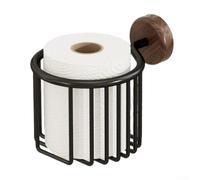 CYRENT Soporte de papel higiénico sin taladro, madera de nogal y aluminio espacial, estante de almacenamiento de baño, montaje en pared para organización de caja de toallas de mano (A)