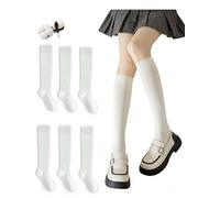 CYS Calcetines 6 Pares De Colegio Escolares Medias Largos Altos Algodón Hasta rodillas Lisos Para Niñas Niños Infantiles Uniformes Unisex (31-34, BLANCO)