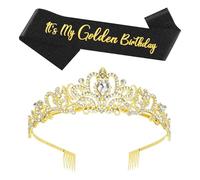 CYUXING 2 Coronas Doradas Decorativas para Cumpleaños, Artículos de Decoración para Fiestas de Cumpleaños, Exquisita Corona y Banda Doradas para Mujer, Fácil de Guardar