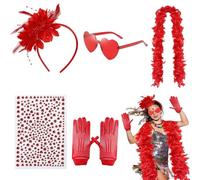 CZAYEFNH Accesorios de disfraces para mujer 5 piezas - boas de plumas rojas 2M con gafas corazón, diadema con flor, guantes y pegatina de diamantes para fiestas y eventos temáticos