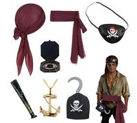 CZAYEFNH Disfraz de Pirata Completo para Adultos y Niños, Set de 7 Piezas con Cinturón, Pañuelo, Parche para el Ojo, Telescopio y Garfio, Ideal para Fiestas Temáticas, Halloween y Carnaval
