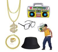 CZAYEFNH Disfraz de Rockero o Jeque Árabe para Adultos: Kit de Accesorios de Hip Hop con Collar Dólar, Anillos, Gafas y Gorra - Perfecto para Carnavales, Fiestas y Celebraciones
