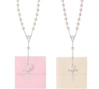 CZAYEFNH Regalos de comunión para niña, collar de cuentas de oración de perlas en rosa y blanco, 2 piezas con bolsa de terciopelo, ideal para ceremonias religiosas y meditaciones
