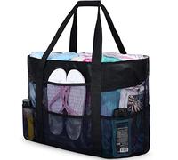 Czemo Bolsa de Playa Malla Grande Ligero con Cremallera 7 Bolsillos pequeños,Bolsa de Picnic para Niñas,Reusable Shopping Bags para Verano Piscina Playa,Camping,Compras,Compras Familiares (Negro)