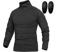 Czen Camisa Hombre Manga Larga Camisa Táctica Militar Camisa de Combate con Cremallera 1/4 y Coderas Camisa Airsoft Camuflaje, Negro , M