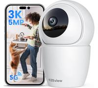 CZEview 3K/5MP Cámara Vigilancia WiFi Interior, 5/2.4GHz Camaras Vigilancia Domicilio, Camara para Perros y Mascotas, PTZ 355°, Visión Nocturna, Audio Bidireccional, Alexa (Blanco)