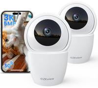 CZEview 3K/5MP Cámara Vigilancia WiFi Interior, 5/2.4GHz Camaras Vigilancia Domicilio, Camara para Perros y Mascotas, PTZ 355°, Visión Nocturna, Audio Bidireccional, Alexa (2 Blancos)